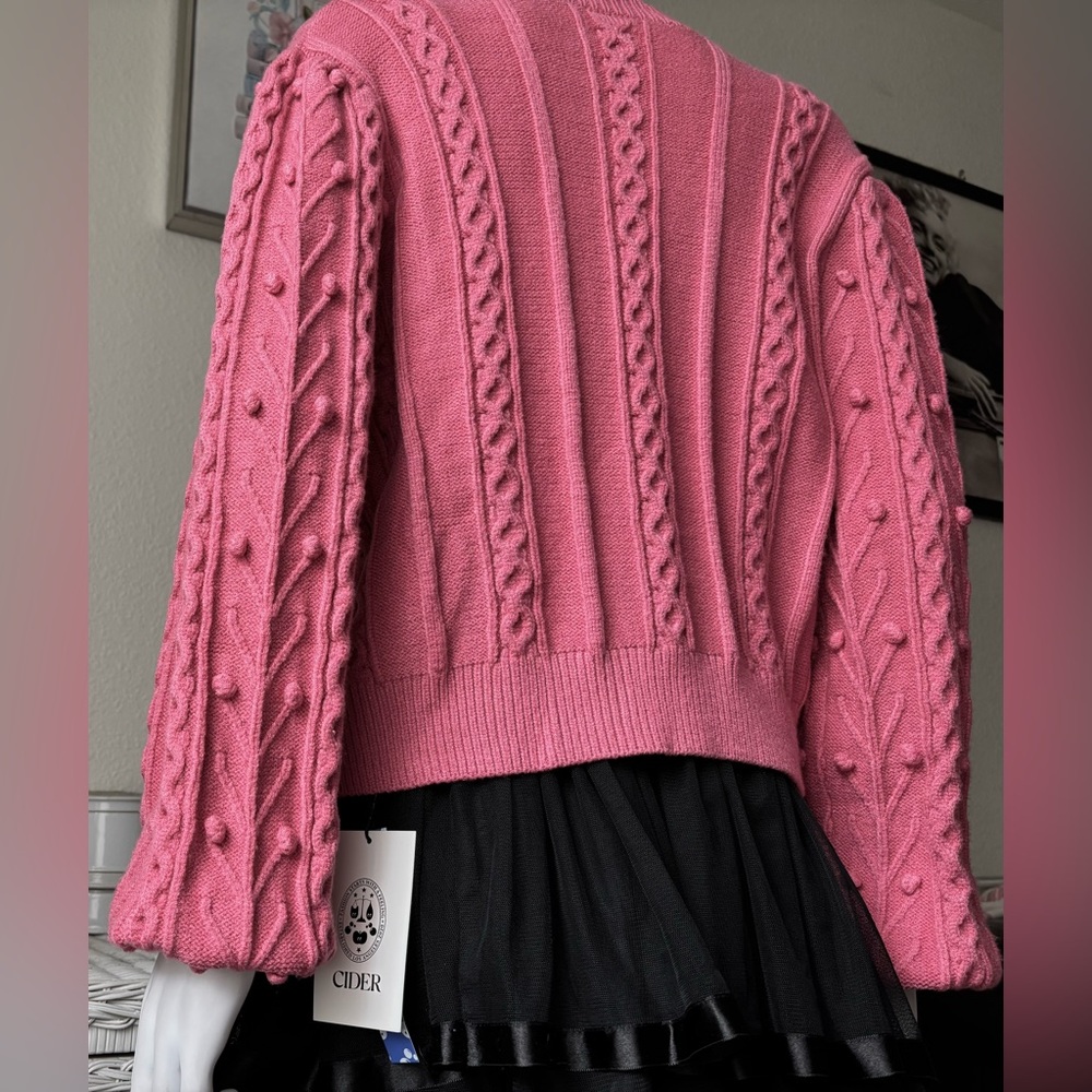 Cider Cardigan Popcorn Cable Knit Buttonless Pink Black Ties Size Juniors XL NWT - Picture 4 of 10